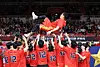 Ulsan Hyundai Mobis Phoebus hoists Ham Ji-hoon in the air at the player's final game of his career on April 8 [YONHAP]