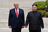 U.S. President Donald Trump, left, meets with North Korean leader Kim Jong-un at the North Korean side of the border at the truce village of Panmunjom in the demilitarized zone on June 30, 2019. [AP PHOTO/YONHAP]