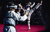 Two players demonstrate a virtual taekwondo match in an undated photo. [MINISTRY OF CULTURE, SPORTS AND TOURISM]