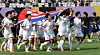 Players of North Korea’s Naegohyang Women’s FC parade around the pitch carrying the North Korean flag after winning the AFC Women’s Champions League final against Tokyo Verdy Beleza at Suwon Sports Complex in Gyeonggi on May 23. [YONHAP]