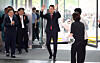 Seoul Mayor Oh Se-hoon, center, enters Seoul City Hall in central Seoul on June 4 after winning the mayoral race. [YONHAP]
