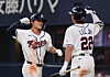 Kim Do-yeong of Korea, left, celebrates with teammate Lee Jung-hoo after hitting a solo home run against the Hanshin Tigers during an exhibition game ahead of the World Baseball Classic at Kyocera Dome in Osaka, Japan, on March 2. [YONHAP]