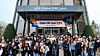 Incheon National University's officials and international students take a photo in front of Global UNI Land, a new international student lounge, during an opening ceremony held on March 30. [INCHEON NATIONAL UNIVERSITY]