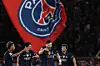 Paris Saint-Germain's (PSG) Georgian forward Khvicha Kvaratskhelia, third from left, celebrates with PSG's French midfielder Desire Doue and PSG's Portuguese midfielder Vitinha after scoring his team's first goal during the UEFA Champions League semi-final first leg football match between Paris Saint-Germain and Bayern Munich at the Parc des Princes in Paris on April 28. [AFP/YONHAP]