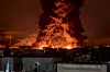 This video still taken from social media on March 7 shows fire erupting at an oil depot in Iran's capital Tehran. [AFP/YONHAP]