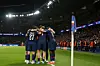 PSG players celebrate after Ousmane Dembele scored their side's third goal during a Champions League semifinal, first leg, football match between Paris Saint-Germain and Bayern Munich in Paris, Tuesday, April 28. [AP/YONHAP]