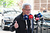 Nvidia CEO Jensen Huang gives a thumbs-up while answering reporters' questions before departing Korea through the Seoul Gimpo Business Aviation Center on June 9.