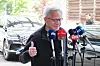 Nvidia CEO Jensen Huang gives a thumbs-up while answering reporters' questions before departing Korea through the Seoul Gimpo Business Aviation Center on June 9.