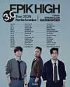 Promotional poster for Epik High’s North American tour listing 13 cities and ticket sale details.