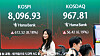 A screen in Hana Bank's trading room in central Seoul shows the Kospi closing at 8,096.93 points on June 9, up 612.52 points, or 8.18 percent, from the previous trading session.