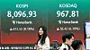 A screen in Hana Bank's trading room in central Seoul shows the Kospi closing at 8,096.93 points on June 9, up 612.52 points, or 8.18 percent, from the previous trading session.