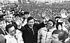 Then-liberal party chief Kim Dae-jung waves his hands at a political rally held in Gwangju in the Jeolla region in 1988.