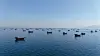 A drone view of vessels anchored near the Strait of Hormuz as seen from Musandam, Oman, June 8.