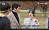 People talking in a park while a camera operator films nearby, with Korean text overlays on screen.