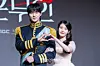 Actors IU and Byeon Woo-seok pose for photos during a press conference for the MBC series “Perfect Crown″ at the Josun Palace Hotel in Gangnam District, southern Seoul, on April 6. [DANIELA GONZALEZ PEREZ]