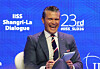 U.S. Secretary of Defense Pete Hegseth reacts during the question and answer portion of a plenary session of the International Institute for Strategic Studies (IISS) Shangri-la Dialogue in Singapore on May 30. Defense ministers and officials from 44 countries are gathered in the city-state for the IISS Shangri-la Dialogue, an annual high level defense summit in the Asia Pacific region. [EPA/YONHAP]