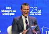 U.S. Secretary of Defense Pete Hegseth reacts during the question and answer portion of a plenary session of the International Institute for Strategic Studies (IISS) Shangri-la Dialogue in Singapore on May 30. Defense ministers and officials from 44 countries are gathered in the city-state for the IISS Shangri-la Dialogue, an annual high level defense summit in the Asia Pacific region. [EPA/YONHAP]