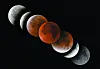A total lunar eclipse is underway as Earth’s shadow covers the moon in the sky above Bohyeonsan Observatory in Yeongcheon, North Gyeongsang, on Sept. 8, 2025. The image is a composite of seven photographs taken between 1:26 a.m. and 5:30 a.m. that day to show the progression of the eclipse. [YONHAP]