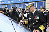Chief of Naval Operations Adm. Kim Gyeong-ryul performs a calligraphy ceremony to wish for a safe flight for the MH-60R at a delivery ceremony for the new naval helicopter at the Navy's 62nd Maritime Aviation Wing in Jinhae on April 1. [JINHAE NAVAL BASE COMMAND]
