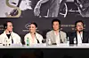 The cast of director Na Hong-jin's new film ″Hope″ attend a press conference for the film during the 79th annual Cannes Film Festival, in Cannes, France, on May 18. From left, actors Michael Fassbender, Alicia Vikander, Hwang Jung-min and director Na. [EPA/YONHAP]
