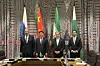 Sergei Lavrov, left, Russia's foreign minister, and his counterparts from China, Iran and Pakistan attend a meeting of the regional quartet on Afghanistan on the sidelines of the 80th session of the UN General Assembly. [TASS/YONHAP]
