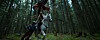 Two riders on horses move through a dim forest with tall trees and a mossy ground. A red creature hangs above them.