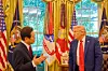 Korean President Lee Jae Myung, left, chats with U.S. President Donald Trump after concluding their first bilateral summit at the White House in Washington on Aug. 25, 2025. [JOINT PRESS CORPS]