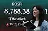 The benchmark Korea Composite Stock Price Index (Kospi) closes at a record high of 8,788.38 on June 1, as seen in a financial data screen in the dealing room of Woori Bank in Seoul on June 1. [NEWS1]