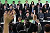 President Lee Jae Myung, center, takes questions from locals at a town hall meeting held on Jeju Island on March 30. [JOINT PRESS CORP]