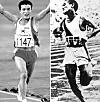 Left: Hwang Young-cho celebrates after winning the marathon at the Barcelona Olympics on Aug. 9, 1992. Right: Sohn Kee-chung finishes first at the Berlin Olympics on Aug. 9, 1936. [JOONGANG ILBO]