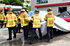 Firefighters from the Gwangju Fire and Safety Headquarters train to control fire on EV in Gwangsan District in Gwangju on July 8, 2025.