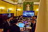 President Lee Jae Myung, center, presides over a meeting with senior secretaries at a hotel in Rome on June 14.