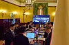 President Lee Jae Myung, center, presides over a meeting with senior secretaries at a hotel in Rome on June 14.