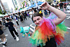 A participant blows soap bubbles at the 2026 27th Seoul Queer Parade held near Euljiro-1-ga Station in Jung District, central Seoul, on June 13, 2026.