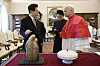 President Lee Jae Myung, left, explains about gifts from his side to Pope Leo XIV in Vatican on June 15.