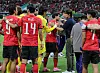 Head coach Hong Myung-bo encourages athletes after their 2-1 victory over the Czech Republic at a FIFA World Cup 2026 match in Mexico on June 11.