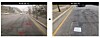 Left: Red-colored squares the locations where potholes are detected; Right: pothole is patched up after repairs