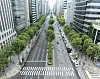 A wide view of a nearly empty multi-lane street lined with high-rise office buildings and trees in Seoul.