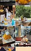 Collage of hotel bingsu desserts, a seated diner, and a table by a window overlooking greenery.
