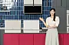 Samsung Bespoke countertop dishwashers displayed in a showroom with a woman standing beside them.