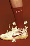 Cream Nike sneaker with daisies beside a maroon Nike sock on a brown background.