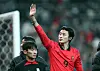Cho Gue-sung waves his hand to audiences after a match against Uruguay at Seoul World Cup Stadium in western Seoul in March 2023.