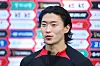 Cho Gue-sung speaks with reporters at a training site for national footballers on Oct. 10, 2023.