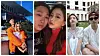 Three-panel collage of a couple posing outdoors, including a waterfront scene, a close selfie, and a courtyard portrait.