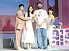 Four cast members pose onstage at a Netflix season 2 production presentation in Seoul.