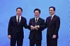 From left, SK Group Chairman Chey Tae-won, President Lee Jae Myung, and Samsung Electronics Executive Chairman Lee Jae-yong join hands after $520 billion investments for four new chip plants at the Blue House in Jongno District, central Seoul, on June 29.