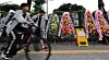 Funeral wreaths are set up in front of Paichai High School in Gangdong District, eastern Seoul, on July 2.