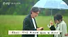 A man and woman stand under a clear umbrella in a green field on a rainy day.