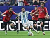 Lionel Messi of Argentina, center, controls a ball against Egyptian footballers during the FIFA World Cup 2026 Round of 16 match in Atlanta on July 7.