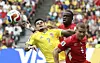 Luis Diaz of Colombia, left, vies with Switzerland players during the Round of 16 match between Switzerland and Colombia at the FIFA World Cup 2026 at BC Place Vancouver in Vancouver, Canada, on July 7.